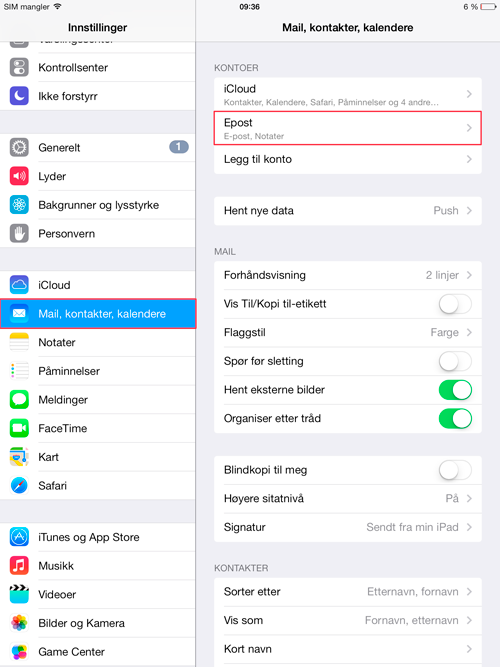Innstillinger for epost